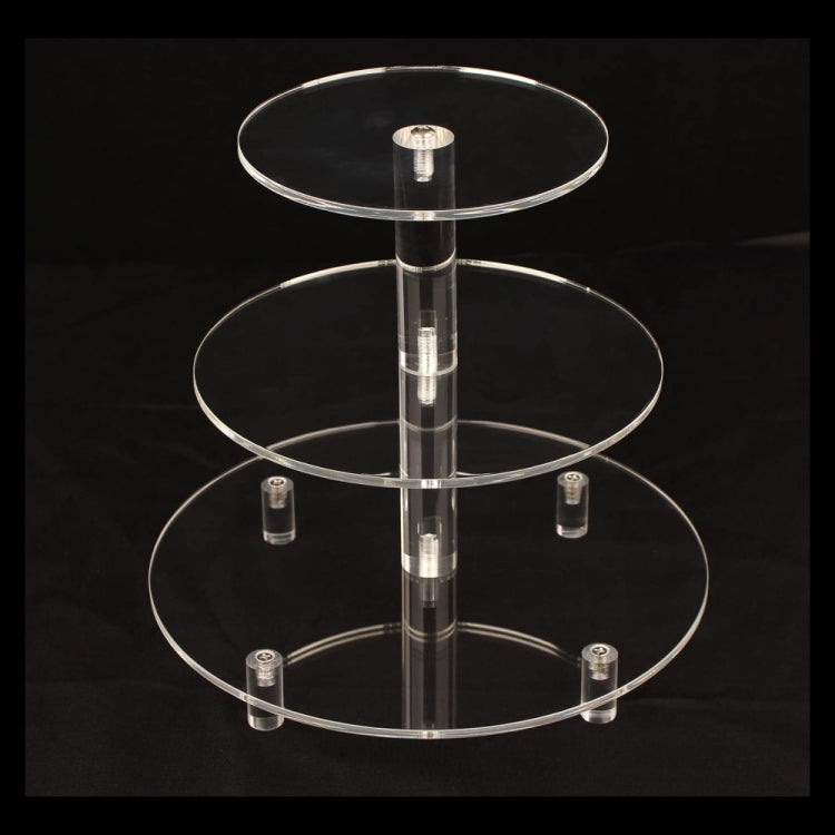 Three-tier clear acrylic cupcake stand with round glass-like tiers and base clips
