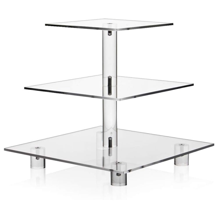3-tier acrylic square cupcake stand with clear shelves and metal center post