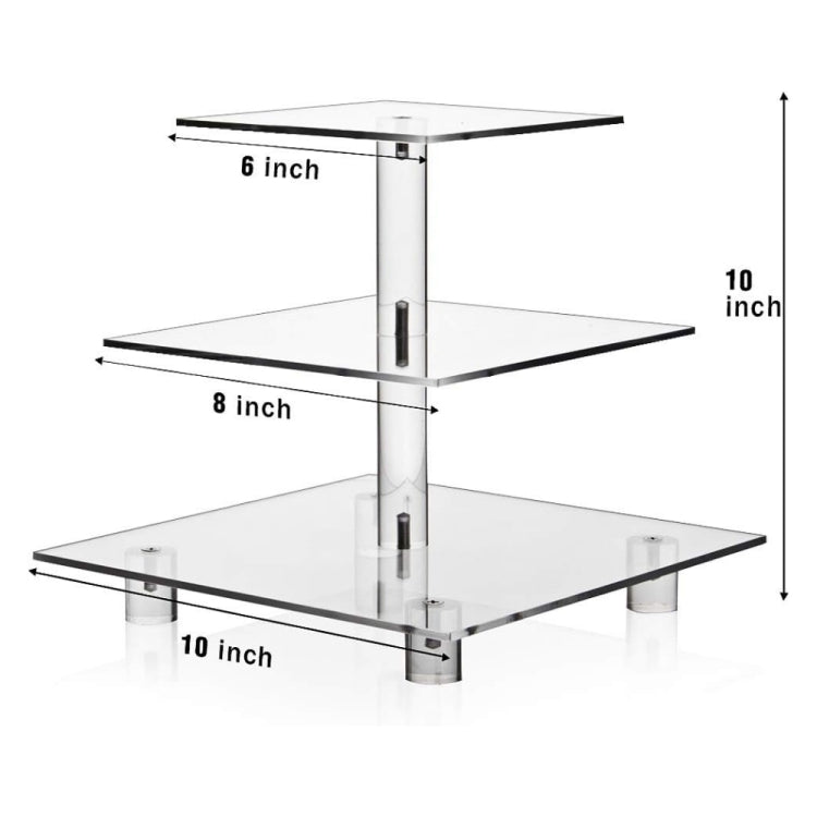 3-tier square acrylic cupcake stand with clear shelves and vertical support posts