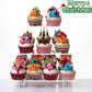 Clear 3-tier acrylic cupcake stand with assorted frosted cupcakes on tiers