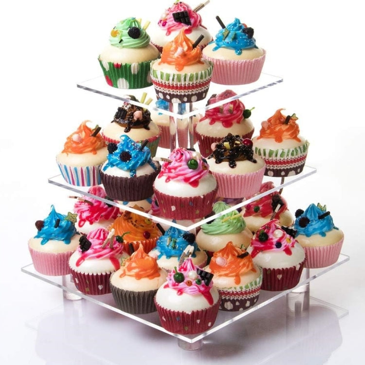 Three-tier clear acrylic cupcake stand featuring cupcakes arranged across levels