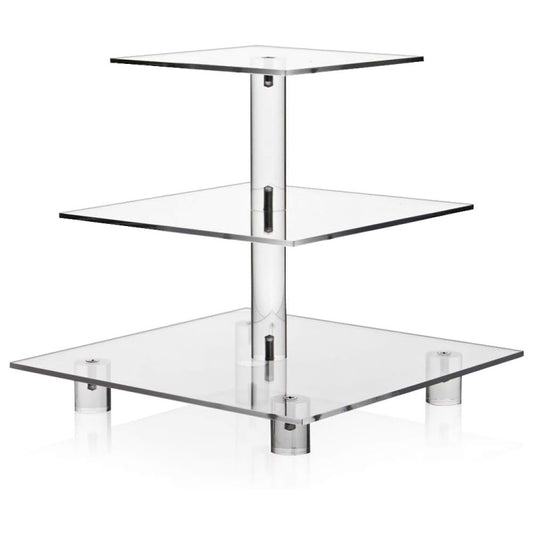 3-tier acrylic square cupcake stand with clear shelves and metal center post