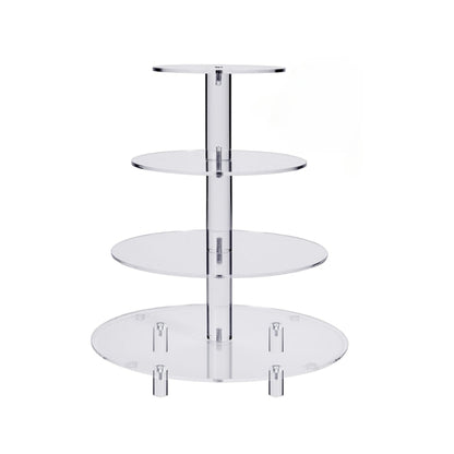 Clear acrylic 4-tier round cupcake stand with central pole and three display platforms