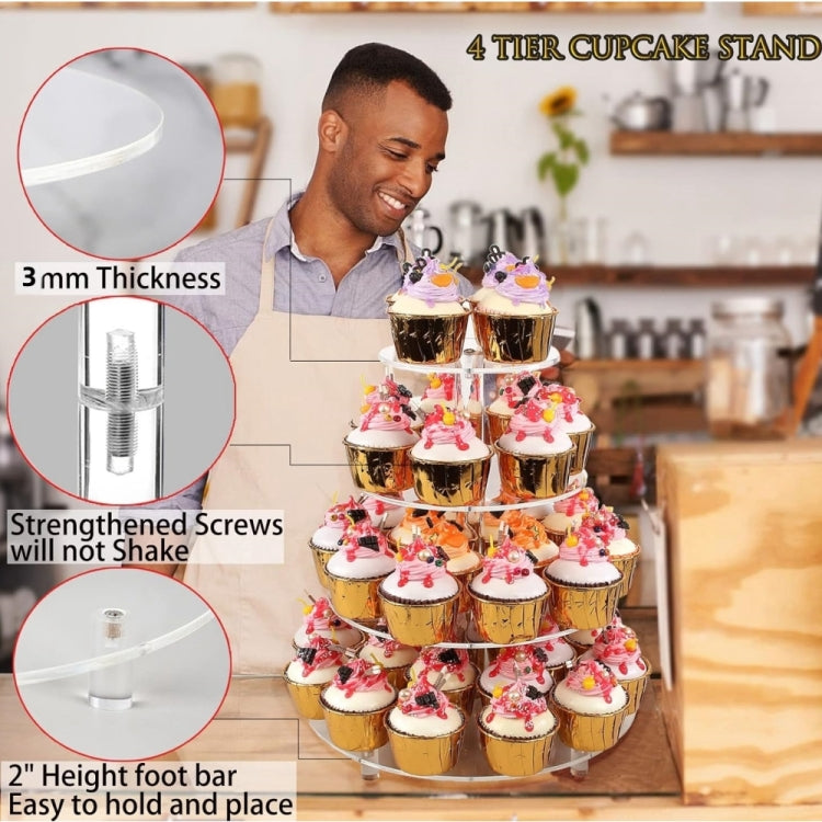 Clear acrylic cupcake stand with four circular tiers and reinforced screws for stability