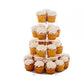 Clear acrylic 4-tier cupcake stand with round platforms holding cupcakes