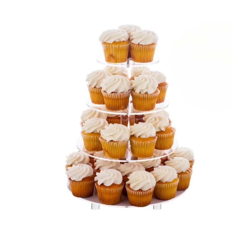 Clear acrylic 4-tier cupcake stand with round platforms holding cupcakes