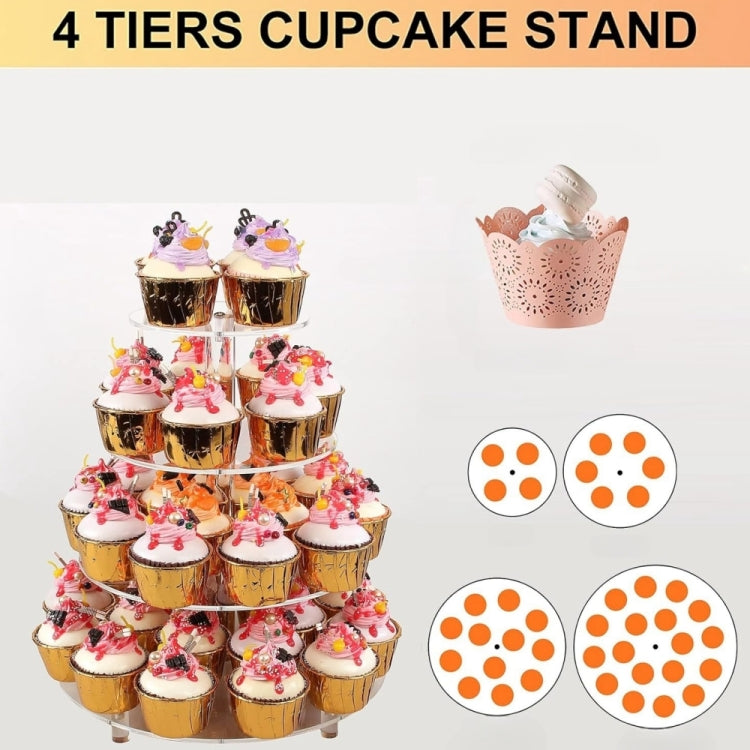 Clear 4-tier cupcake stand diagram with tier posts and circular base support pieces
