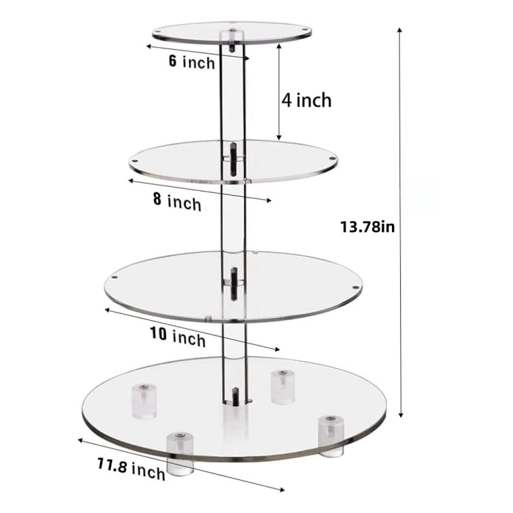 Clear acrylic 4-tier round cupcake stand with dimension measurements for height and width