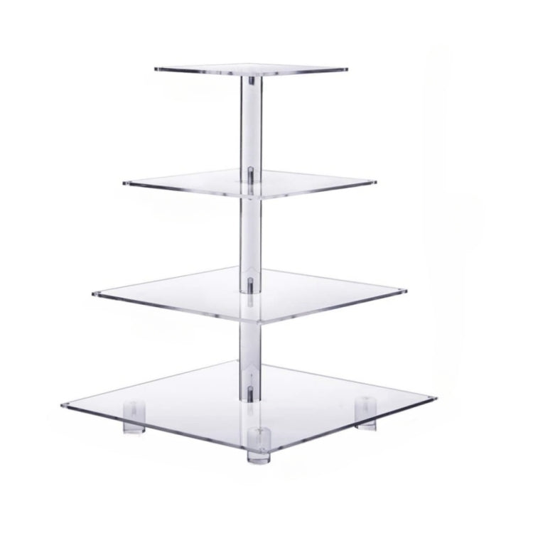 4-tier acrylic square cupcake stand with clear tiers and chrome center post