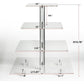 Clear 4-tier acrylic square cupcake stand with labeled dimensions and bases