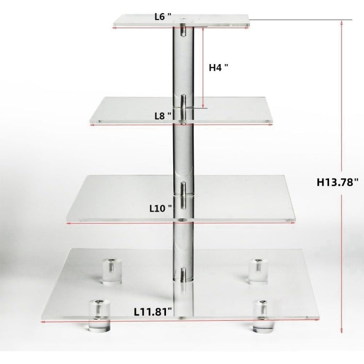 Clear 4-tier acrylic square cupcake stand with labeled dimensions and bases