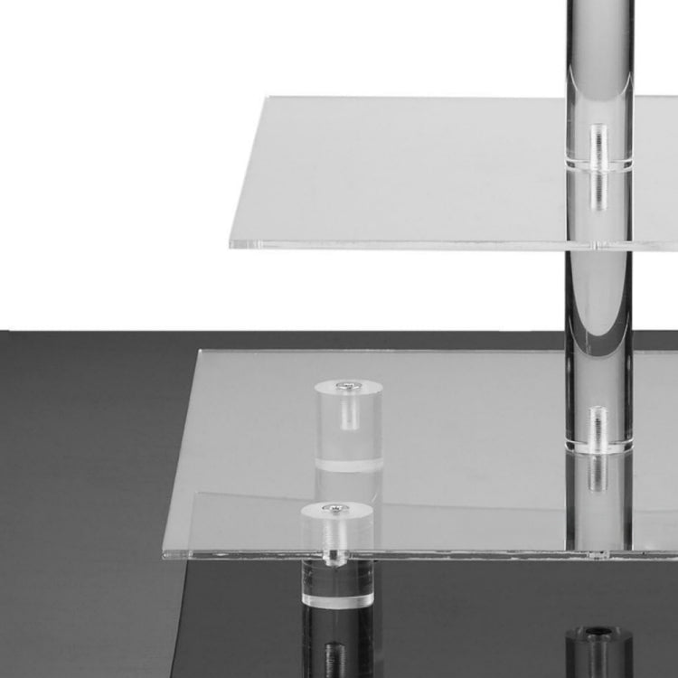Acrylic square tier of a clear cupcake stand with central post and cup holders