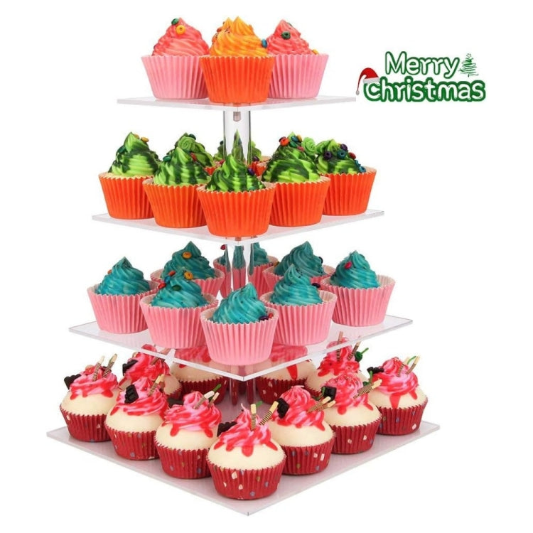 4-tier cupcake stand holding colorful cupcakes, topped with a center post