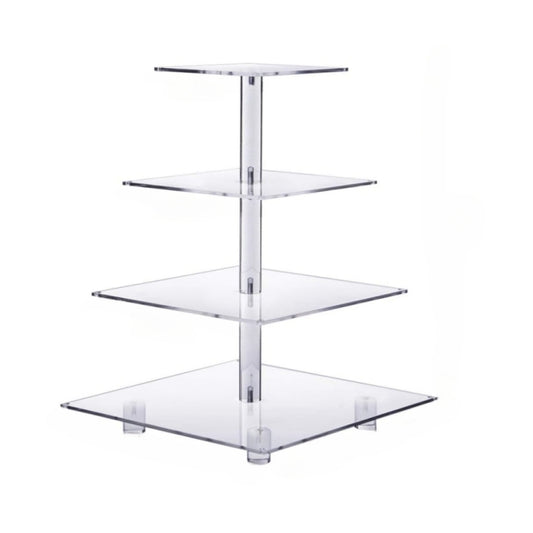 4-tier acrylic square cupcake stand with clear tiers and chrome center post