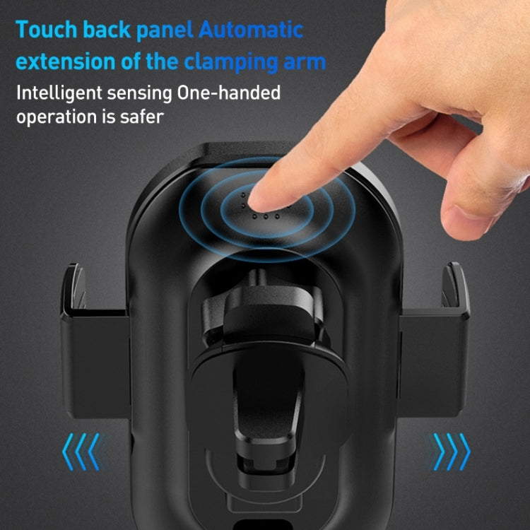 Black wireless car phone holder with touch-control back panel and auto clamp