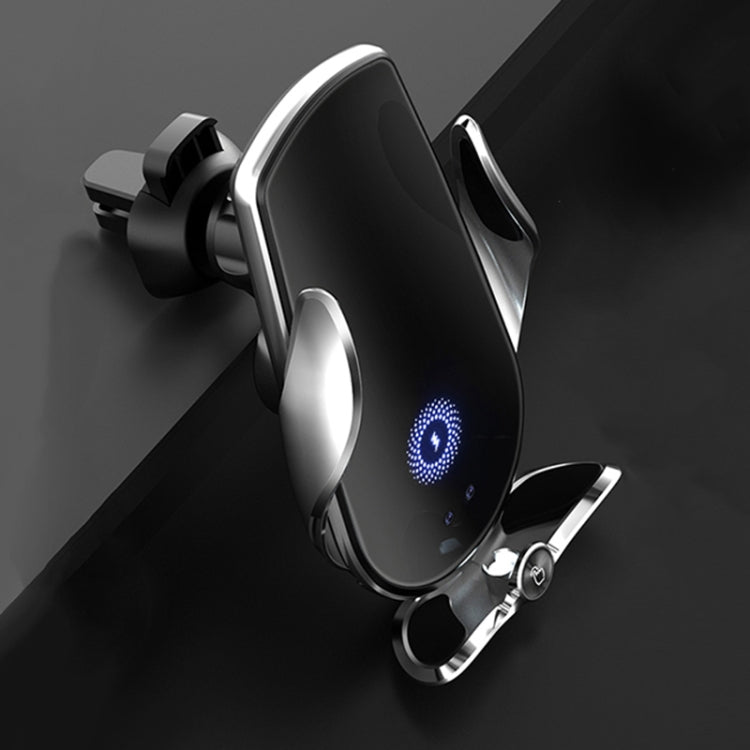 Silver-accented black wireless car air-outlet phone holder with LED charging light