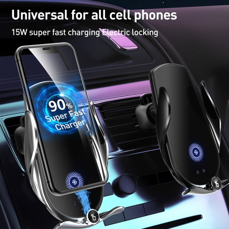 Black wireless car phone holder with wide clamp grips and front charging LED ring
