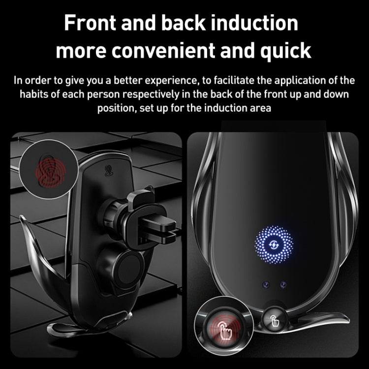 Black wireless car phone holder with front and back induction charging surfaces
