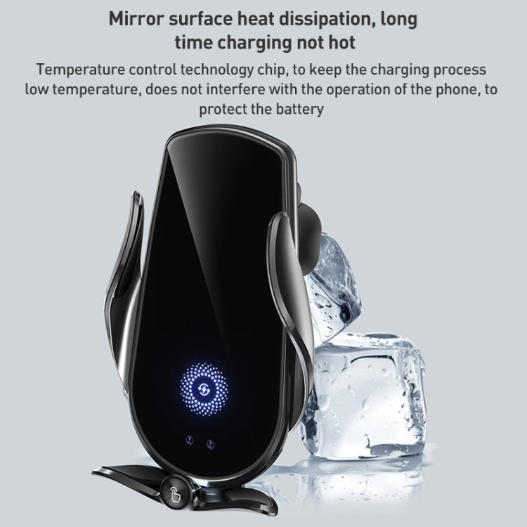Black wireless car phone holder with LED charging light and cooling design