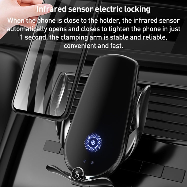 Black wireless charging car air vent phone holder with infrared sensor clasp and LED