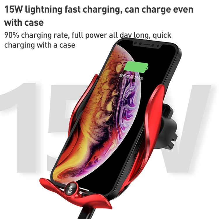 Red-and-black wireless charging car air vent phone holder with LED and clamped phone
