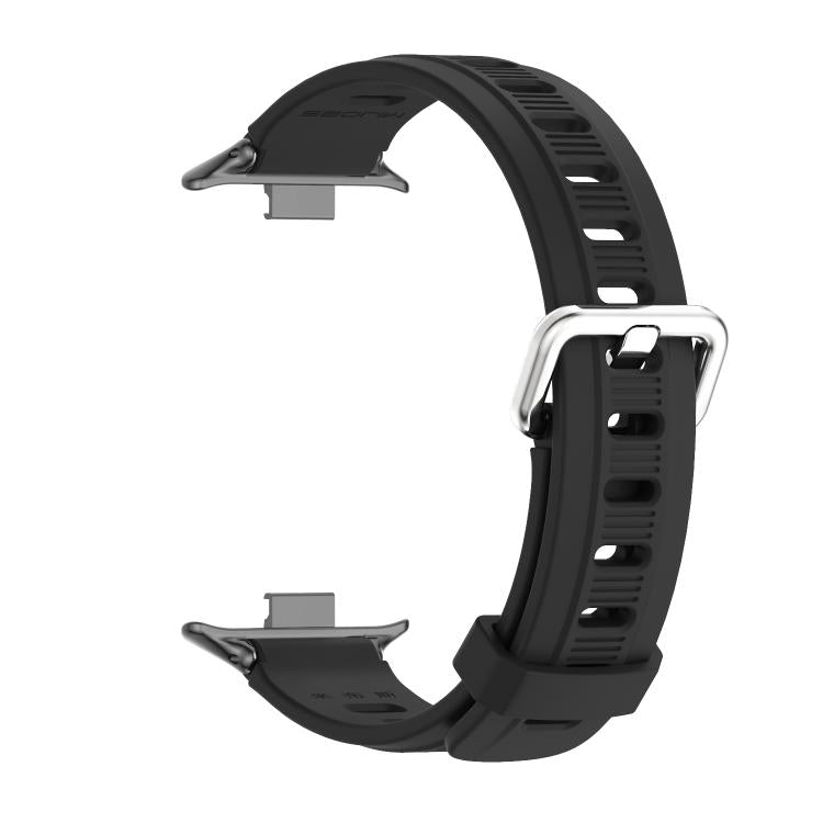 Black silicone watch band with perforated strap and detached buckle pieces