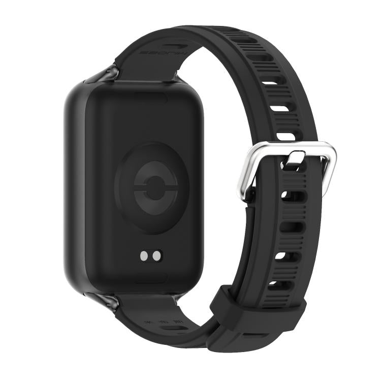 Black silicone watch band with perforated strap and metal clasp for a smartwatch