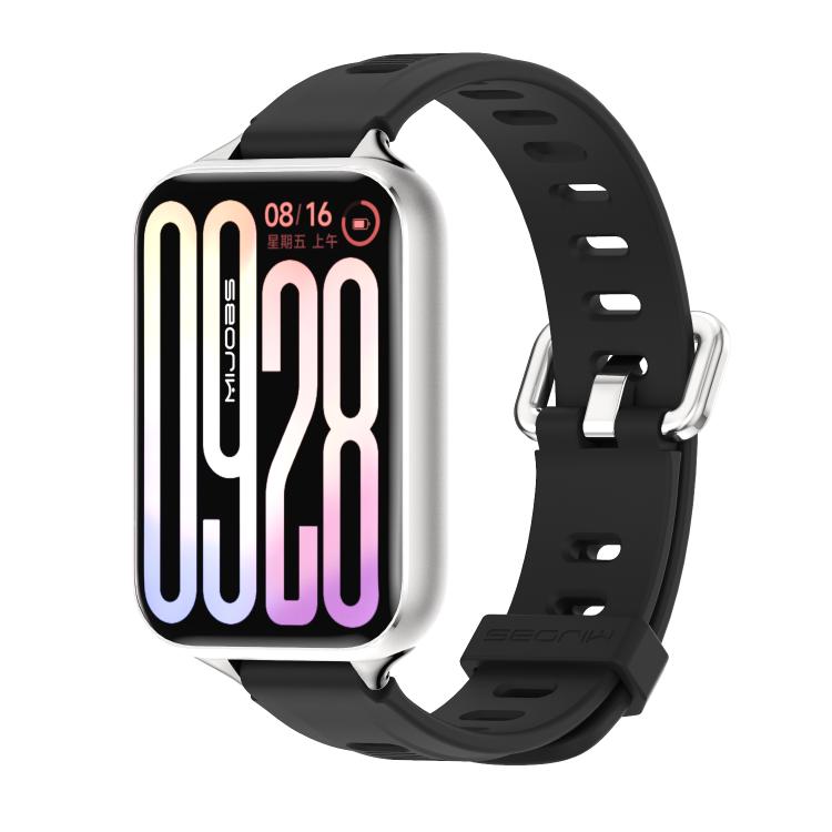 Black silicone watch band with perforated strap holes and metal clasp bracket