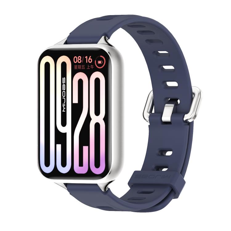Navy blue silicone watch band with perforated holes and metal clasp for smartwatch
