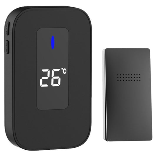 Black wireless doorbell temperature receiver with digital display reading 26°C