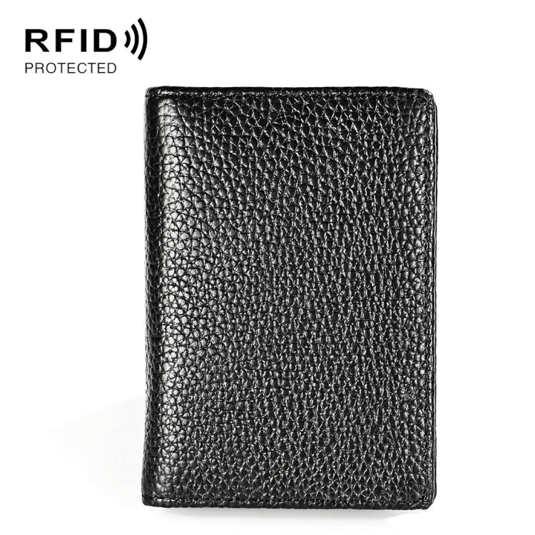 Black leather RFID card holder, textured finish, vertical slim card sleeve