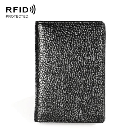 Black leather RFID card holder, textured finish, vertical slim card sleeve