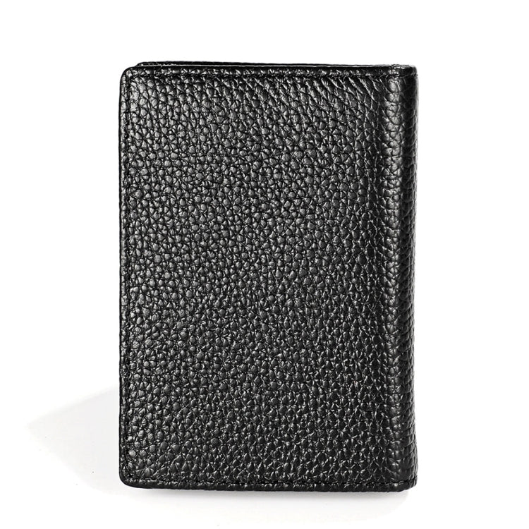 Black leather RFID card holder, textured grain, vertical slim profile