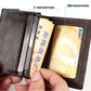 Black leather RFID card holder interior with card pockets, shown with cards loaded