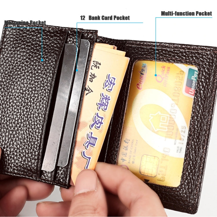 Black leather RFID card holder interior with card pockets, shown with cards loaded