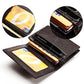 Black leather RFID card holder open with card slots, cards partially inserted