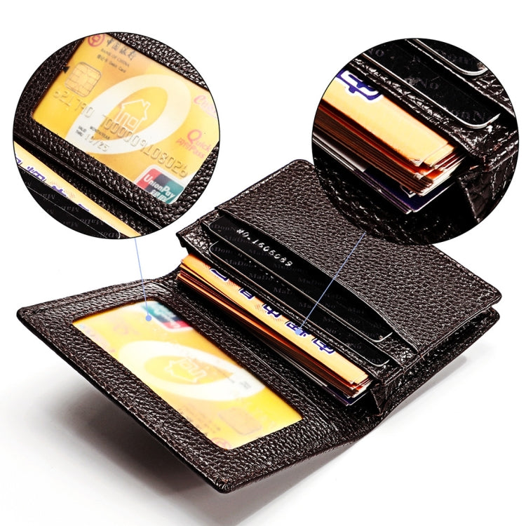 Black leather RFID card holder open with card slots, cards partially inserted