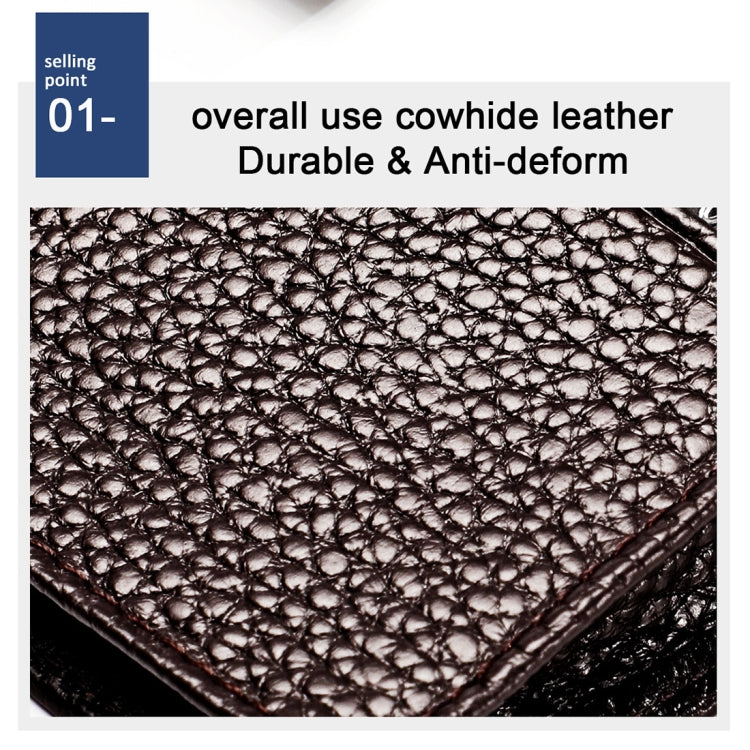 Close-up of dark brown textured leather surface on an RFID card holder