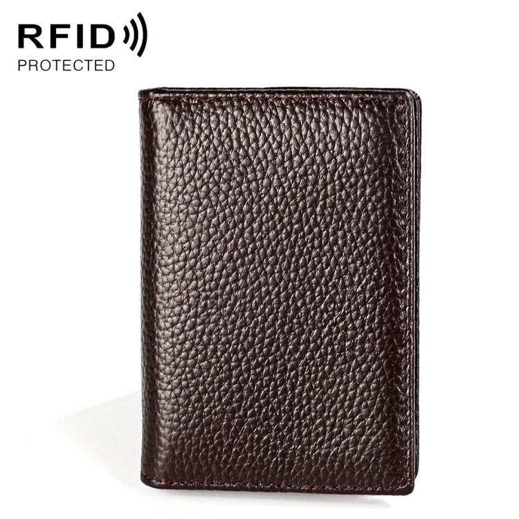 Brown leather RFID card holder, textured finish, vertical slim card sleeve