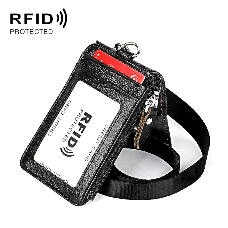 Black RFID card holder with clear credit-card window and wrist/neck strap