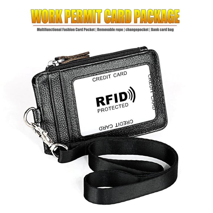 Black RFID card holder with top zipper and crossbody strap, card window front
