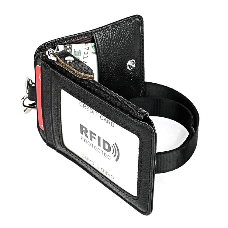 Black RFID card holder with front card slot window and adjustable shoulder strap