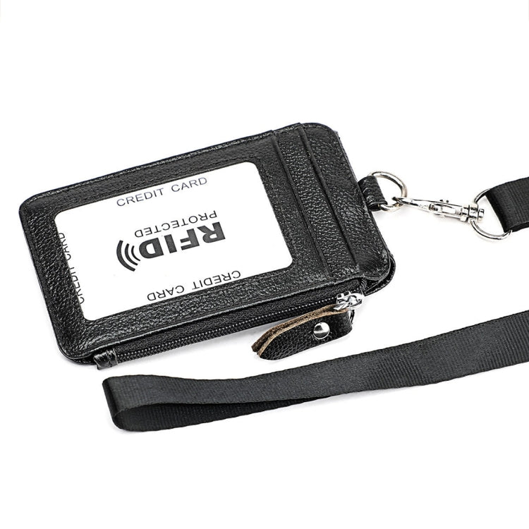 Black RFID card holder wallet with front card pocket, zipper pull, and shoulder strap