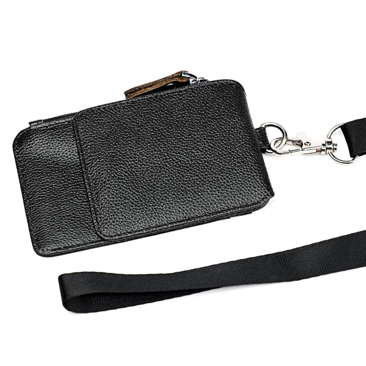 Black RFID card holder wallet with full leather front and strap attachment hardware