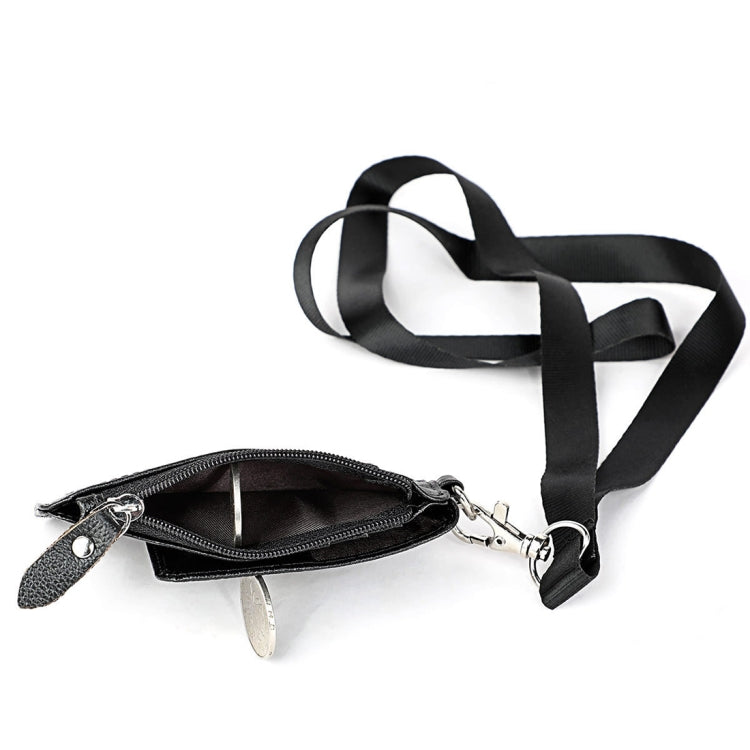 Black RFID card holder with zipper pocket, key-ring clasp, and crossbody strap