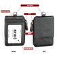 Black RFID card holder showing zip pocket, buckle area, and card slot details