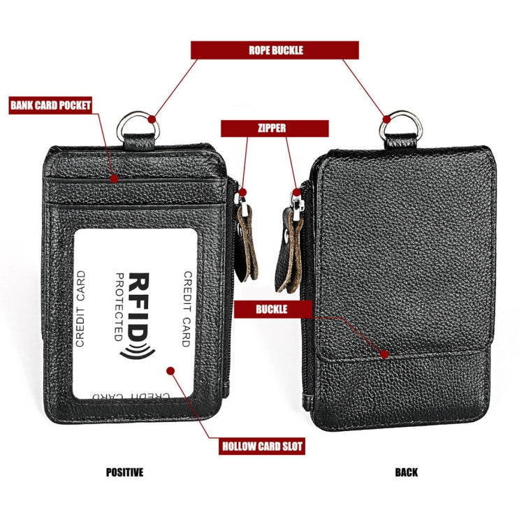 Black RFID card holder showing zip pocket, buckle area, and card slot details
