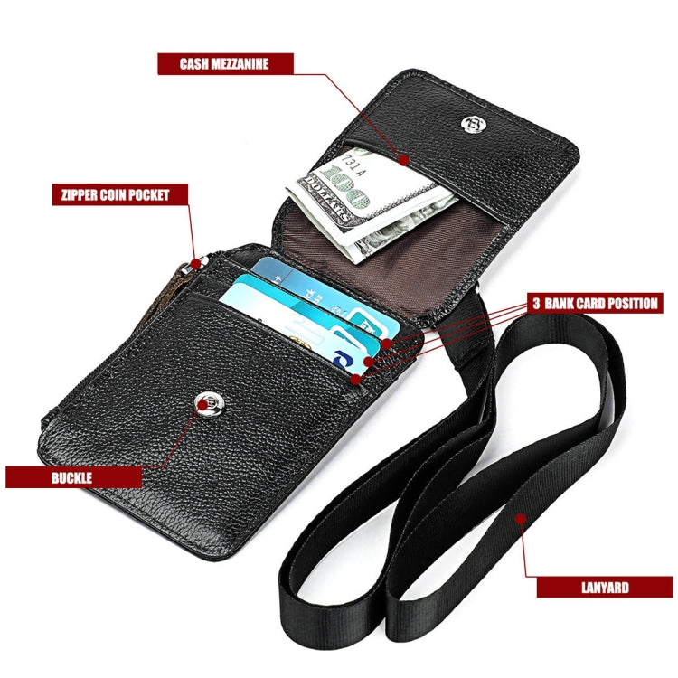 Black RFID card holder wallet with cash/coin compartments and lanyard strap