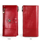 Red leather wallet set view: front and back panels with zip pocket and belt strap.