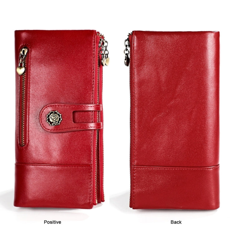 Red leather wallet set view: front and back panels with zip pocket and belt strap.